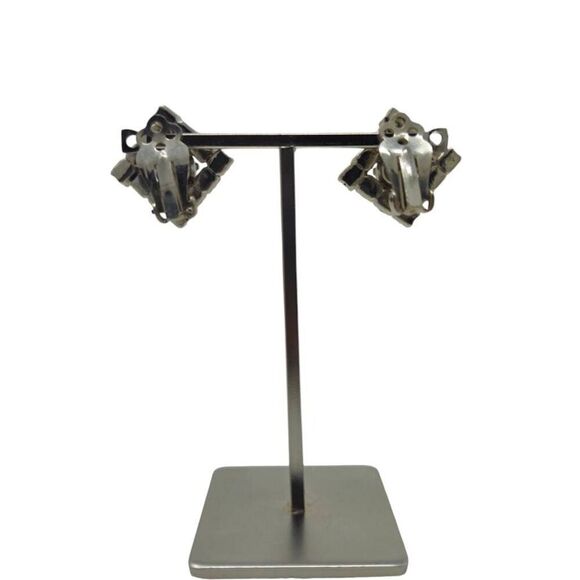 Vintage Blue Aurora Borealis Rhinestone Earrings | Square Diamond Design - Picture 3 of 5